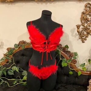 vintage Minor Creations Faux Fur Bra & panty Set mesh lingerie set One Size Red